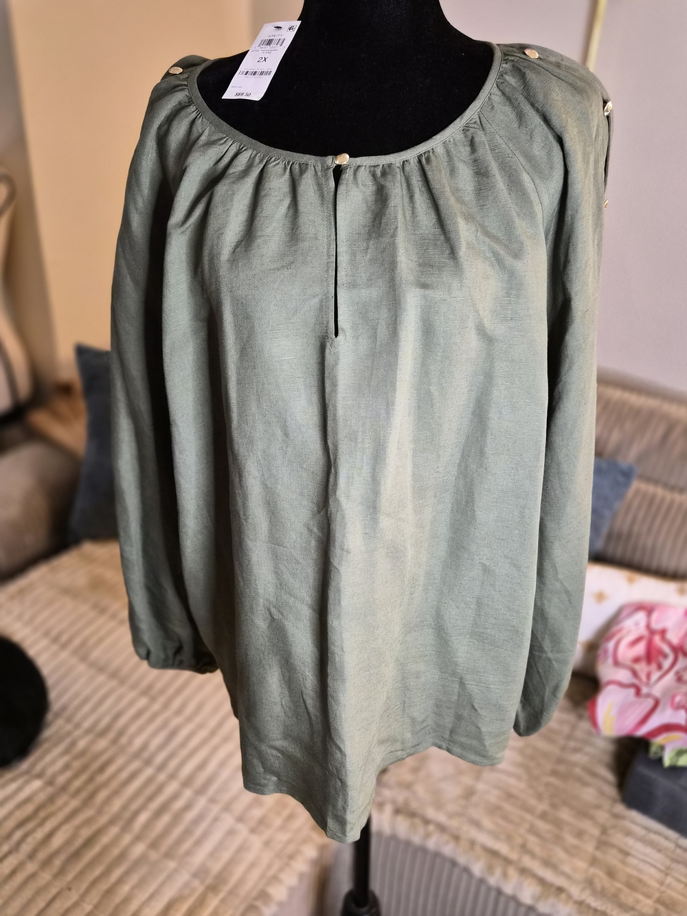 INC International Concepts Olive Green Long Sleeve Peasant Top